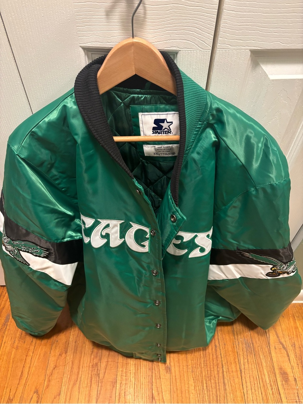 STARTER Green Satin Eagles Varsity Jacket with Black Trim